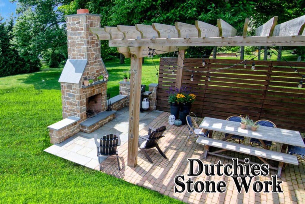 stone patio and fireplace