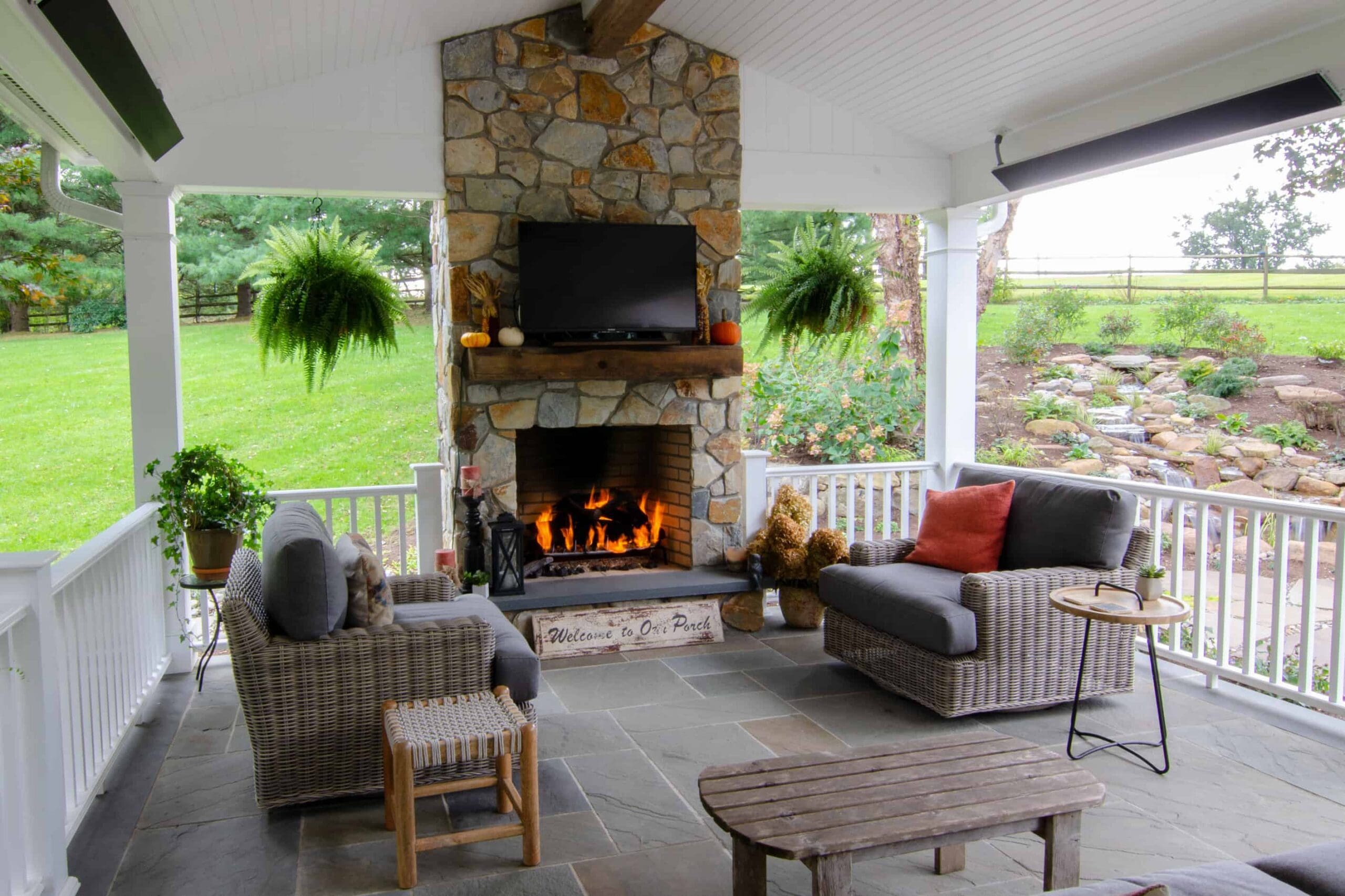 stone patio and fireplace