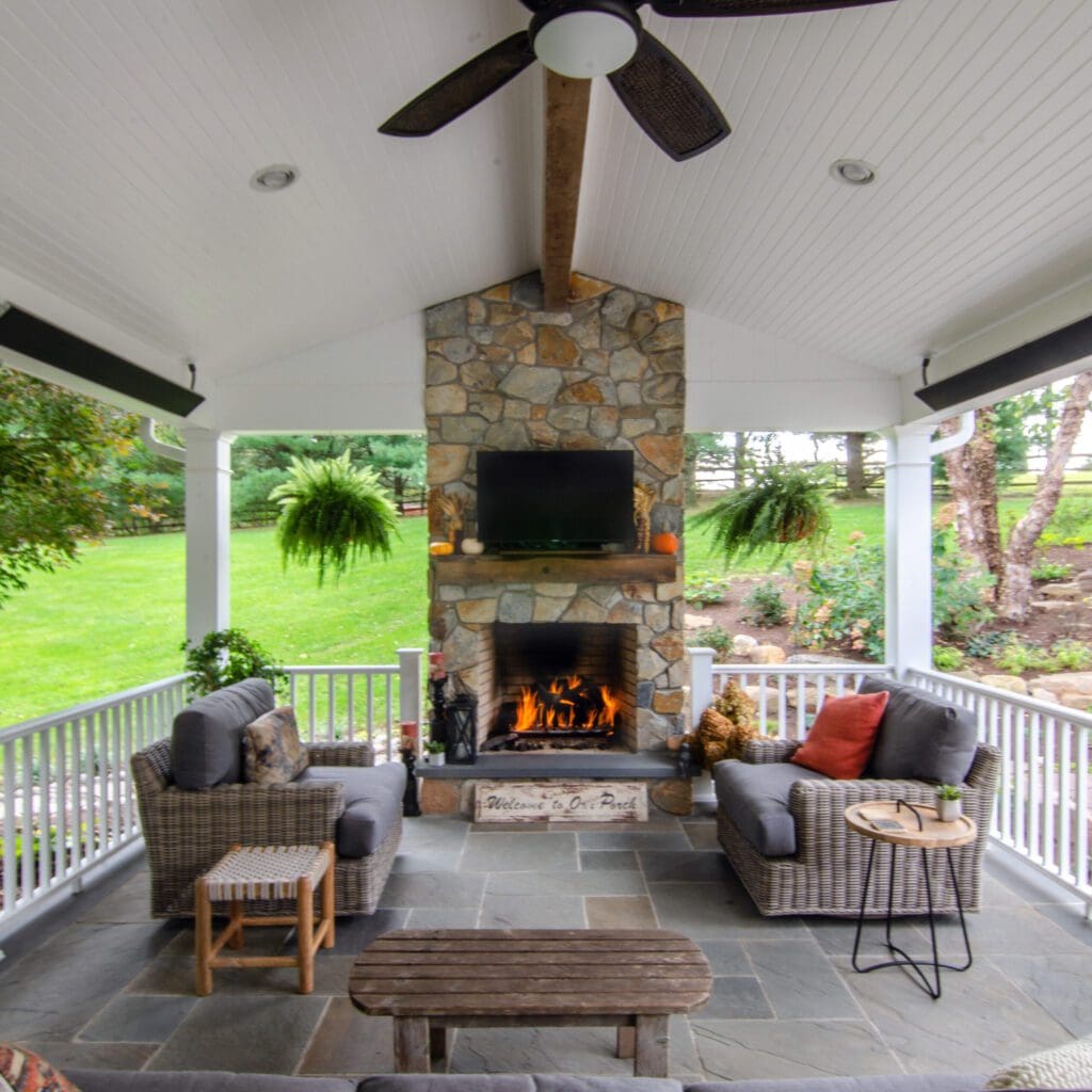 stone patio and fireplace