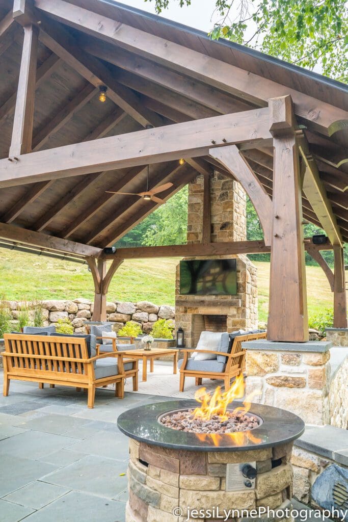 stone deck with fireplace