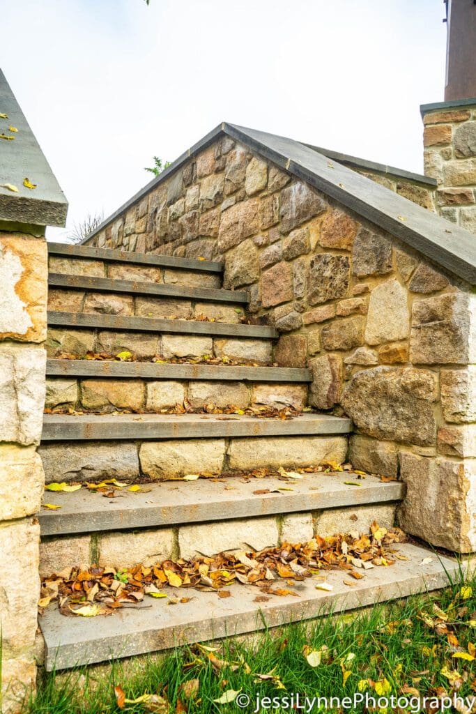 stone stairs in yard with leaves on it