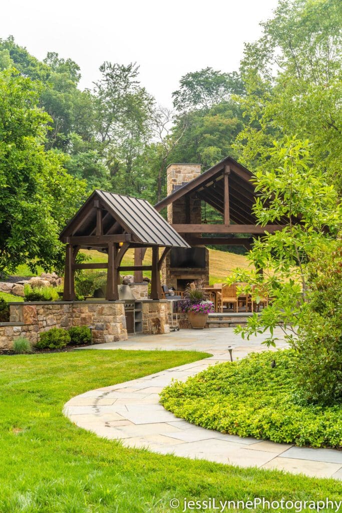 raised stone deck and outdoor grill