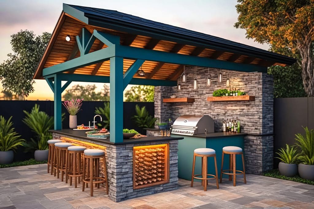 A covered backyard kitchen with a grill and bar space.